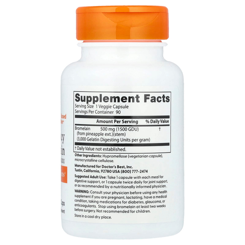 Doctor's Best, высокоэффективный бромелаин, 3000 GDU, 500 мг, 90 растительных капсул