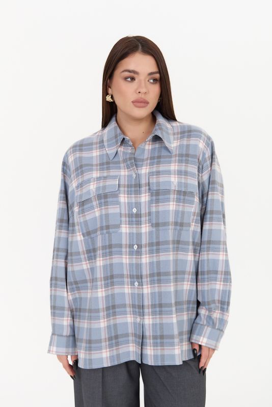 Рубашка с карманами-клапанами в клетку, голубой