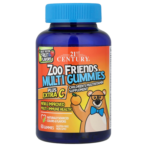 21st Century, Zoo Friends, мультивитаминные жевательные мармеладки, плюс дополнительный витамин C, фрукты с отличным вкусом, 60 жевательных таблеток