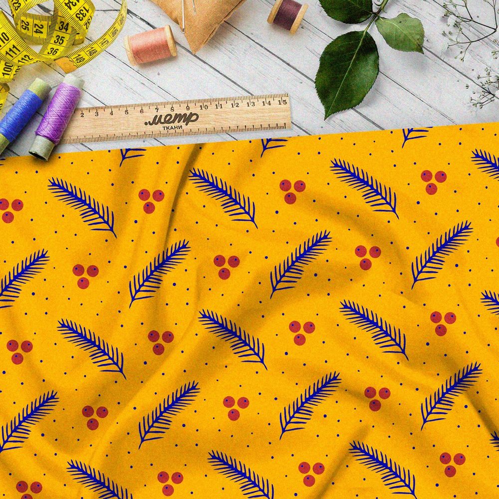 Ткань дюспо редкие рябина и хвойные ветки на жёлтом фоне
