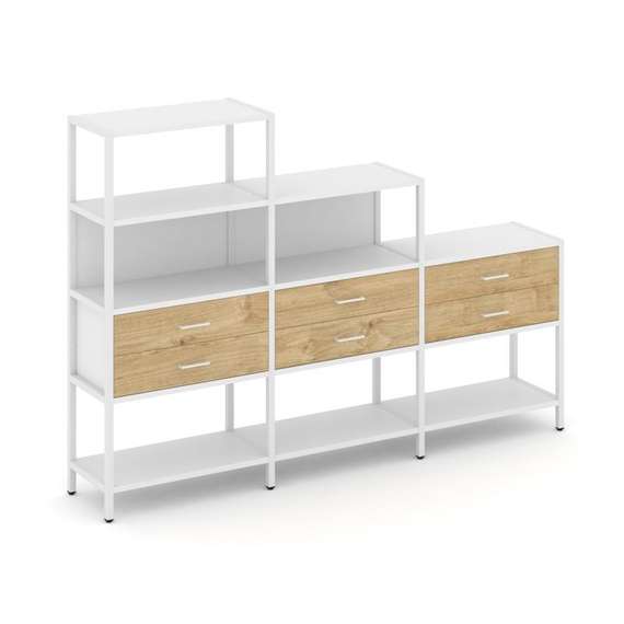 Shelf System Трехсекционный стеллаж четырех/трех/двухярусный с ящиками SN.STM-431 Белый/Тиквуд Светл