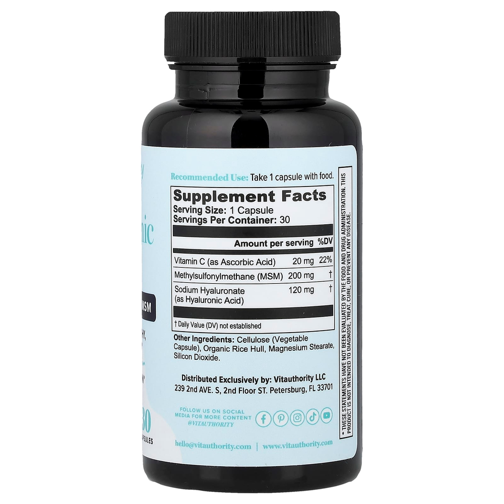 Vitauthority, гиалуроновая кислота+ с витамином C и МСМ, 30 капсул