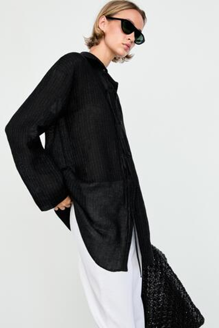 Massimo Dutti Блуза в полоску из смесового льна с пуговицами, черный