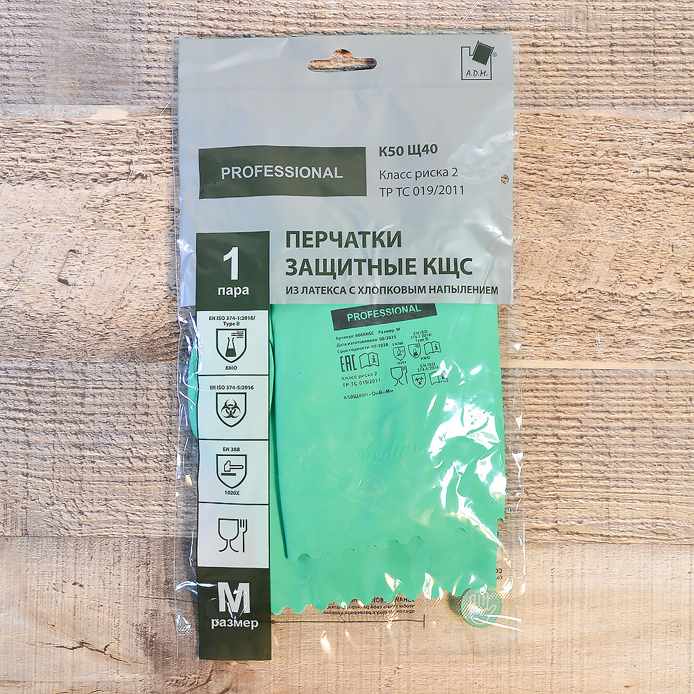 Перчатки латексные защитные КЩС, 1 пара, р.M, цвет зеленый, ADM Professional