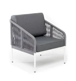 "Канны" кресло плетеное из роупа, каркас алюминий белый муар, роуп светло-серый круглый, ткань серая 017