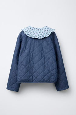 ZARA СТЕГАНАЯ КУРТКА С ОТСТЕГИВАЮЩИМСЯ ВОРОТНИКОМ И ЦВЕТОЧНЫМ ПРИНТОМ, СИНИЙ