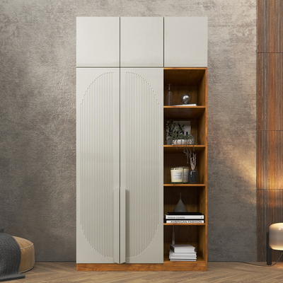 Шкаф Агератум МДФ двухсекционный с антресолью и стеллажом Лайн флай (0,27) А10029 матовая - Орех Экко 9459  150*45*240