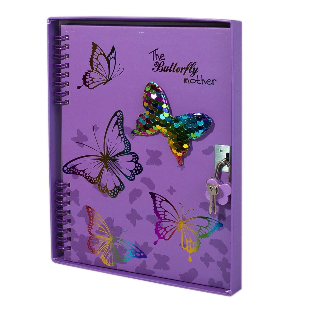 Записная книжка, пакет, А5, Alingar, замочек, сиреневый, "Бабочки пайетки"