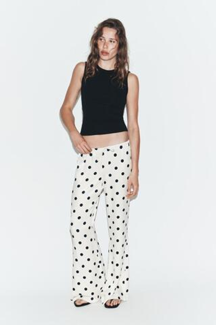 ZARA АТЛАСНЫЕ БРЮКИ В ГОРОШЕК НА ШНУРКЕ, БЕЛЫЙ/ЧЕРНЫЙ