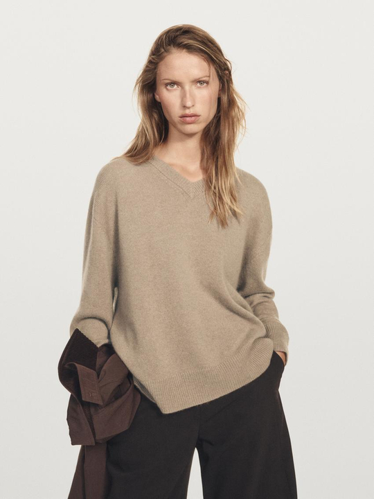 Massimo Dutti Свитер из 100% кашемира с V-образным вырезом, кротово-коричневый