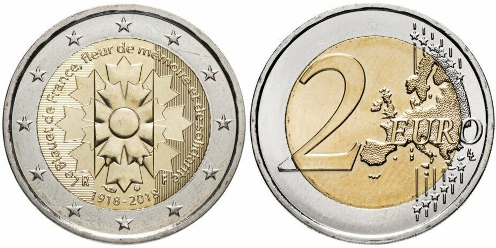 Франция 2 евро, 2018 100 лет окончанию Первой Мировой войны UNC