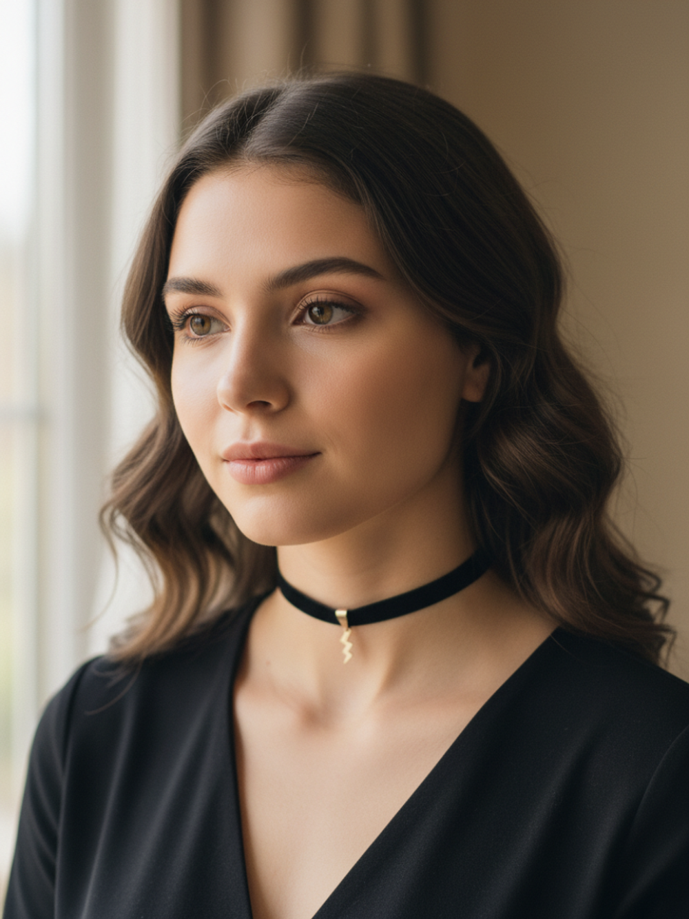 Синий велюровый чокер с подвеской "Молния" 1 см.