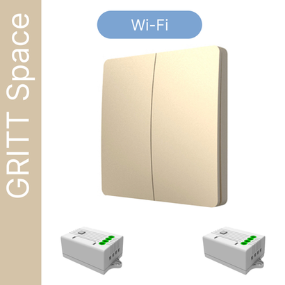 Умный беспроводной выключатель GRITT Space 2кл. золотистый комплект: 1 выкл. IP67, 2 реле 1000Вт 433 + WiFi с управлением со смартфона, S181220GWF