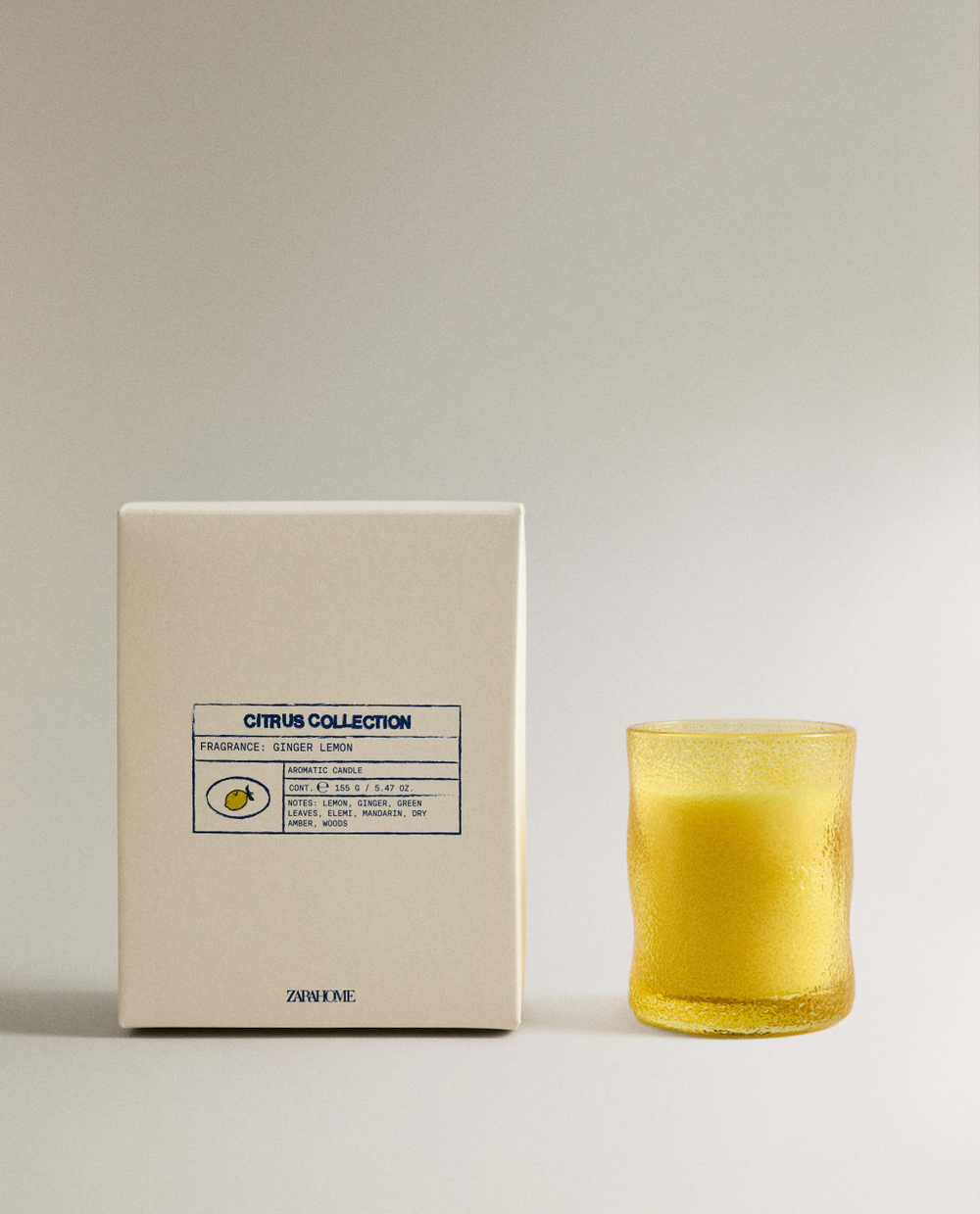Zara Home Свеча ароматическая GINGER LEMON 155 г, растительный воск, аромат цитрусово-пряный свежий, Жёлтый