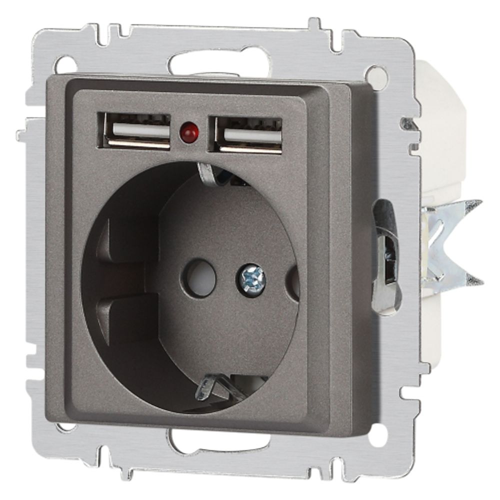 Розетка Intro Accent 6-410-09 P+E Schuko со шторками, 16А-250В + 2хUSB, IP20, СУ, титан