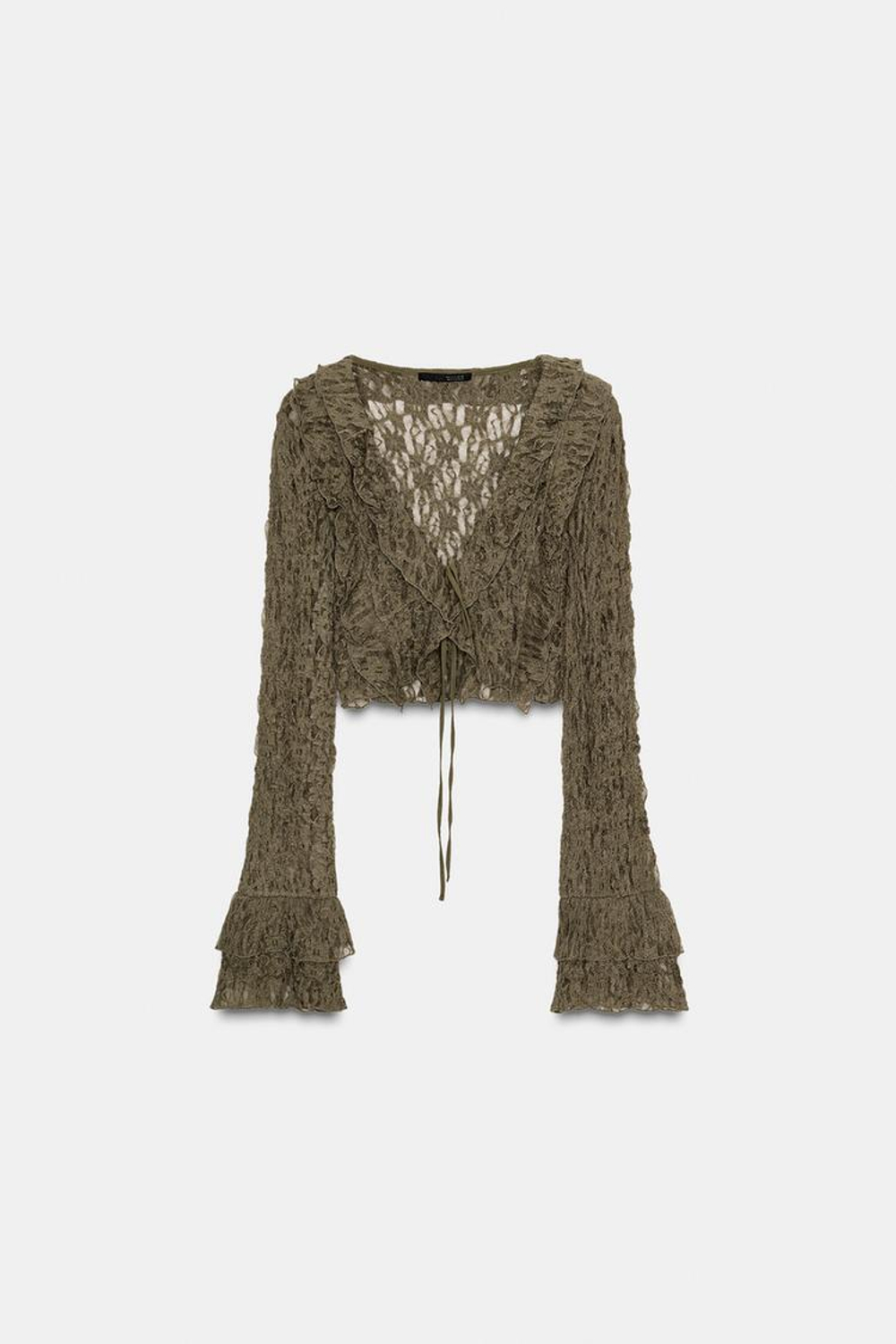 ZARА УКОРОЧЕННЫЙ КАРДИГАН С КРУЖЕВОМ И ВОЛАНАМИ, СЕРО-КОРИЧНЕВЫЙ