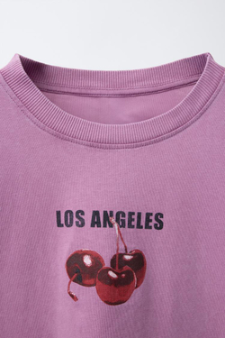 ZARA ФУТБОЛКА С ПРИНТОМ «ФРУКТЫ», БУРГУНДСКИЙ