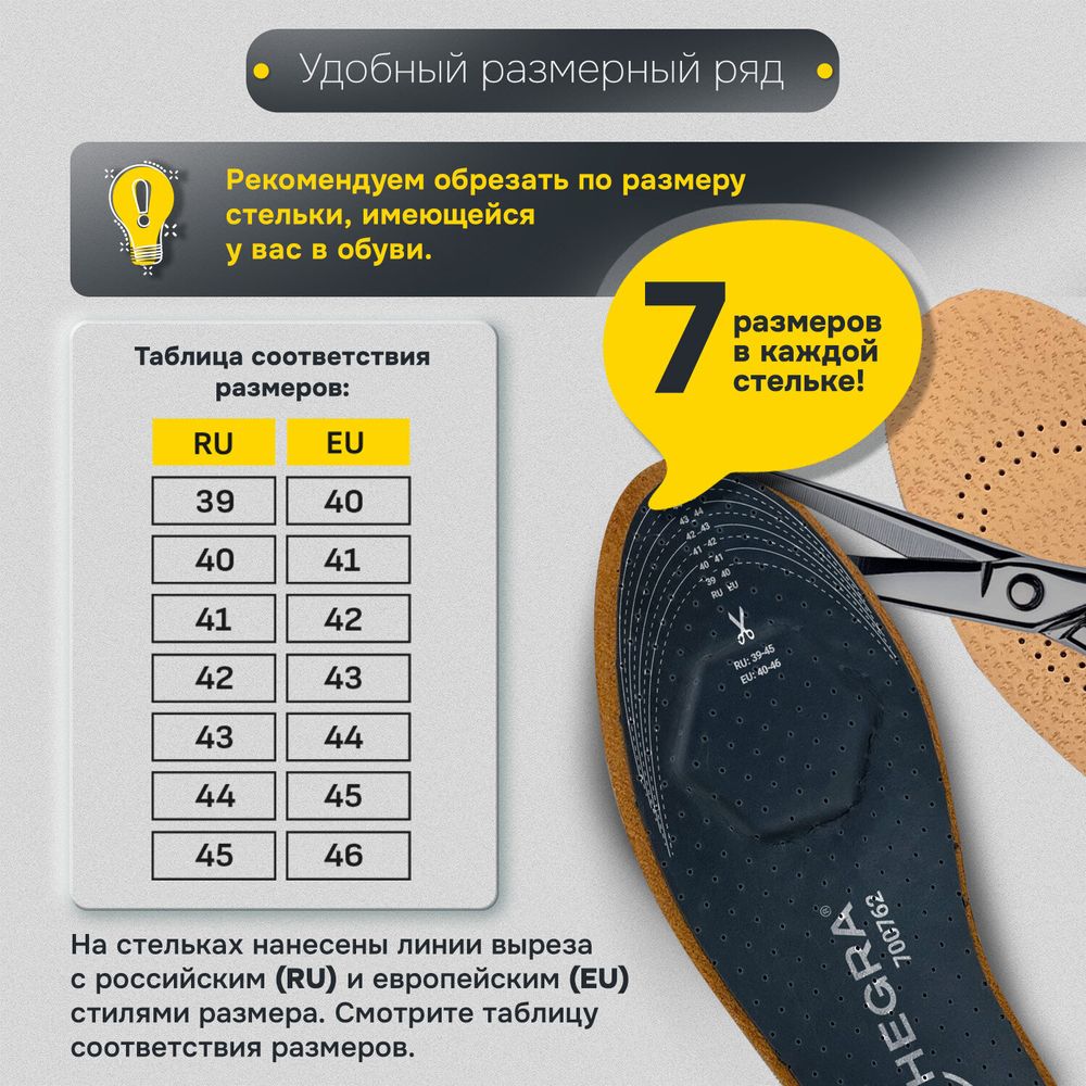 Стельки для обуви из натуральной кожи с двумя амортизаторами, размер RU 39-45 / EU 40-46 с линиями выреза, SHEGRA (ШЕГРА), 700762