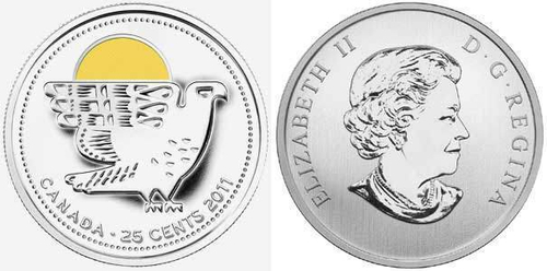 Канада. 25 центов. 2011. Сапсан/Peregrine Falcon. Цветная. Животные. UNC