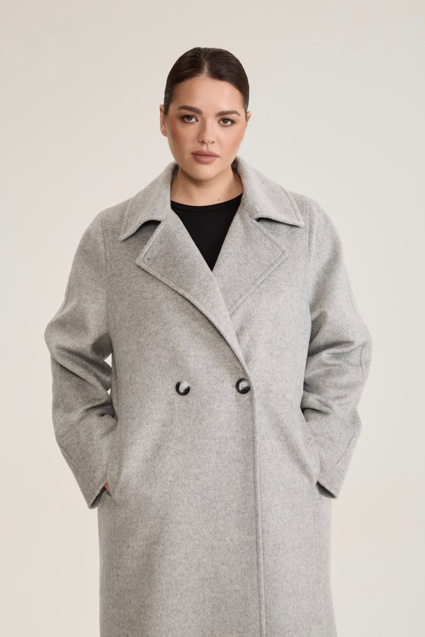 Пальто двубортное с отстрочкой, светло-серый