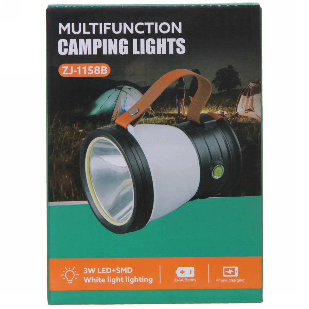 Фонарь туристический, 5 режимов, 18LED+3W, аккумуляторная батарея 1200mAh, 10*13см, USB ZJ1158