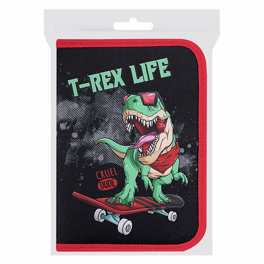 Пенал ПИФАГОР, 1 отделение, 2 откидные планки, полиэстер, 20х14 см, "T-Rex Life", 271513