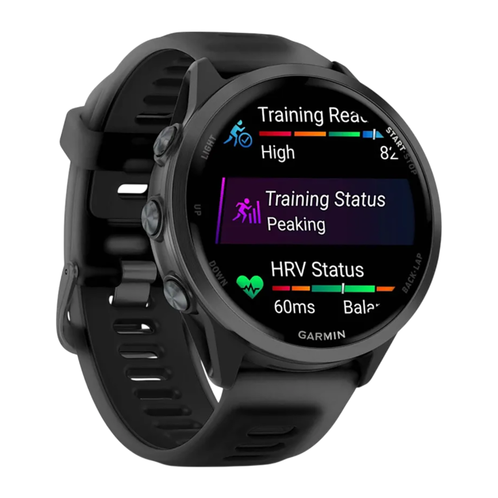 Спортивные часы Garmin Forerunner 570, 47 мм, силиконовый ремешок цвета «полупрозрачный чёрный»/чёрный Сланцево-серый алюминиевый безель, AMOLED-дисплей с Gorilla Glass 3. Ремешок с классической застёжкой — на запястье обхватом 135–205 мм