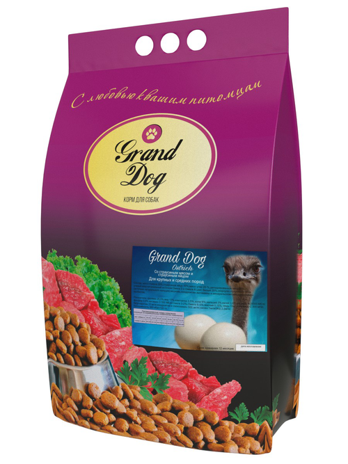 Grand dog корм сухой для взрослых собак крупных пород мясо страуса, яйцо страуса