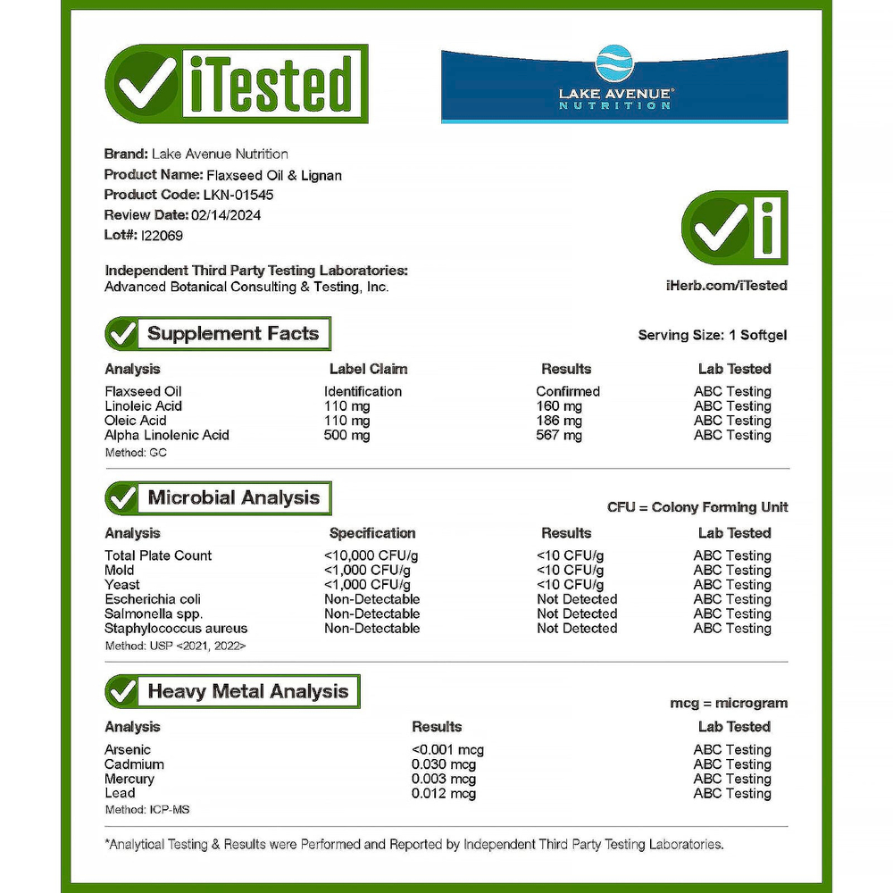 Lake Avenue Nutrition, льняное масло холодного отжима с лигнанами, 120 вегетарианских капсул (1 г в 1 капсуле)