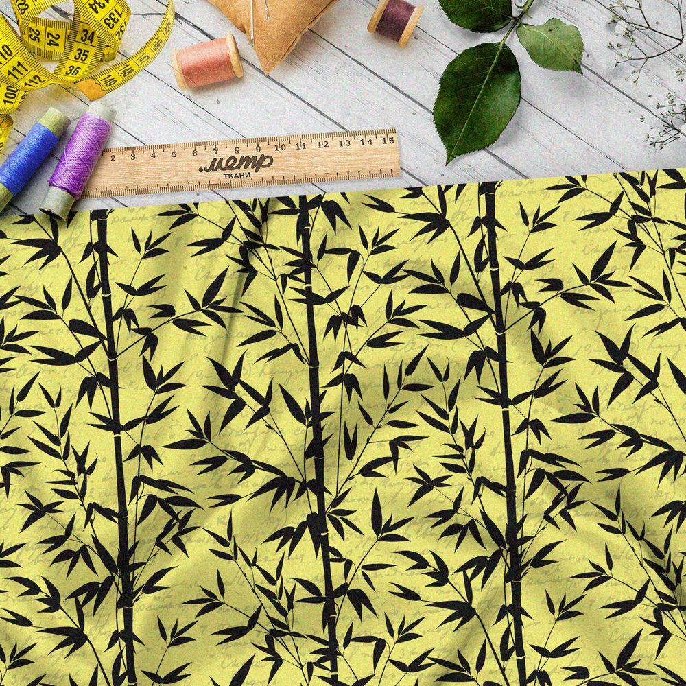 Ткань блэкаут чёрный бамбук на жёлтом фоне