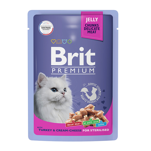 Влажный корм Brit Premium индейка и крем-сыр в желе для кастр. кошек 85 г (Брит Пауч)
