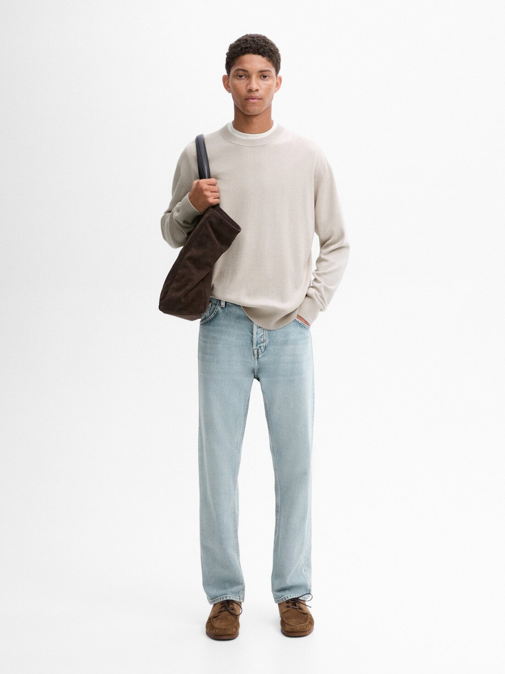 Massimo Dutti Шерстяной свитер с круглым вырезом, бежевый