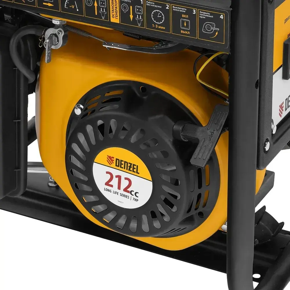 Генератор бензиновый DENZEL PS-28, 2.8 кВт и 212 см3 объем двигателя, 230 В, 15 л объем топливного бака, ручной стартер и блок AVR, 2 розетки 16 А и выход постоянного тока 12 В/USB 5В 946824