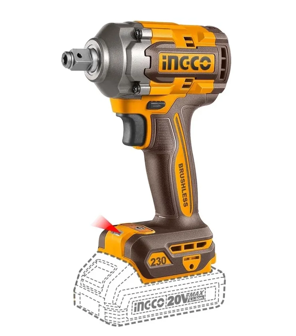 Аккумуляторный бесщеточный ударный гайковерт, импульсный винтоверт INGCO CIWLI20236 20 В 1/2" 1/4" 230 Нм