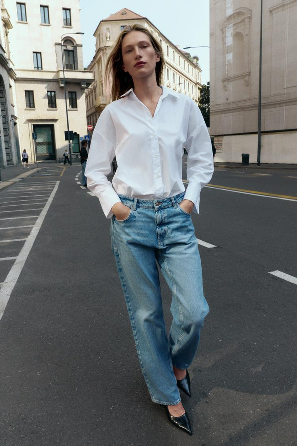 ZARA РУБАШКА ИЗ ПОПЛИНА С ПУГОВИЦАМИ, БЕЛЫЙ