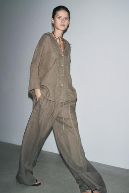 ZARA РУБАШКА ИЗ 100% ЛЬНА — ZW COLLECTION, СЕРОВАТО-КОРИЧНЕВЫЙ