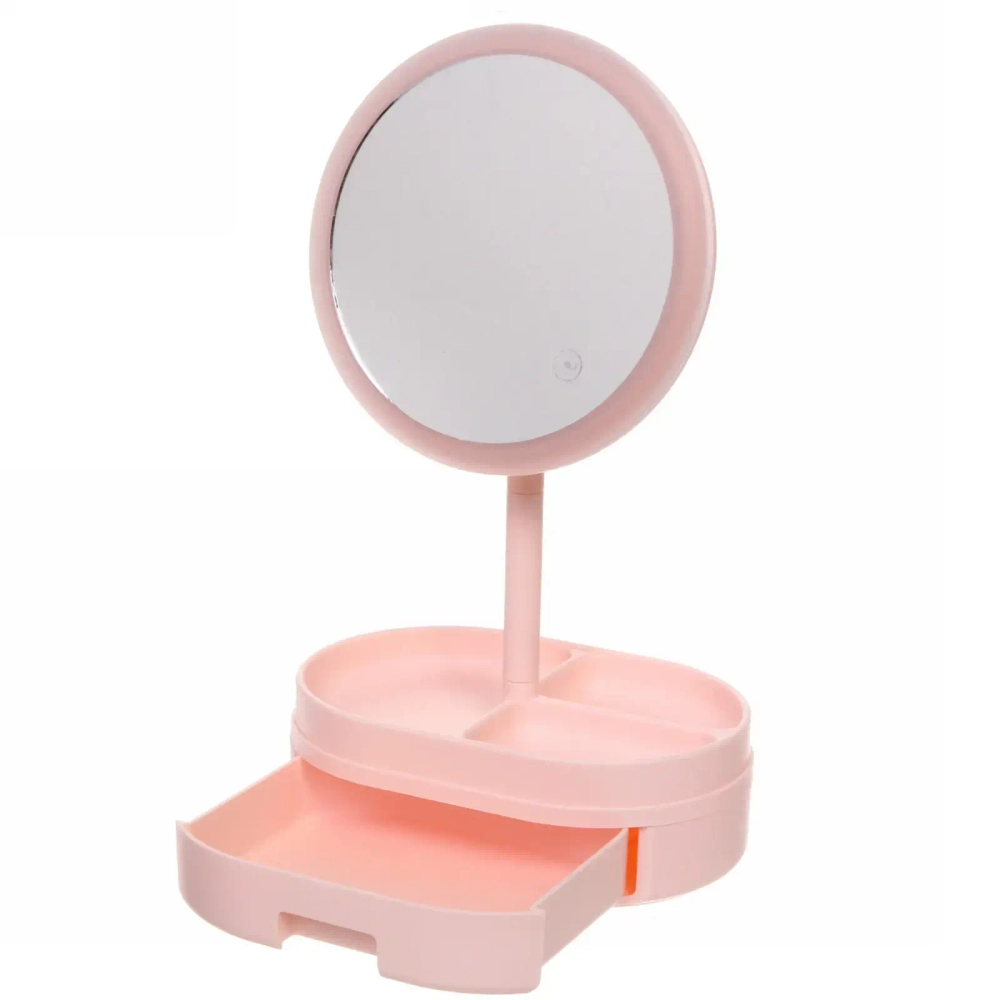 Зеркало настольное с подсветкой и органайзером «Beauty», цвет розовый, USB, 35*18см