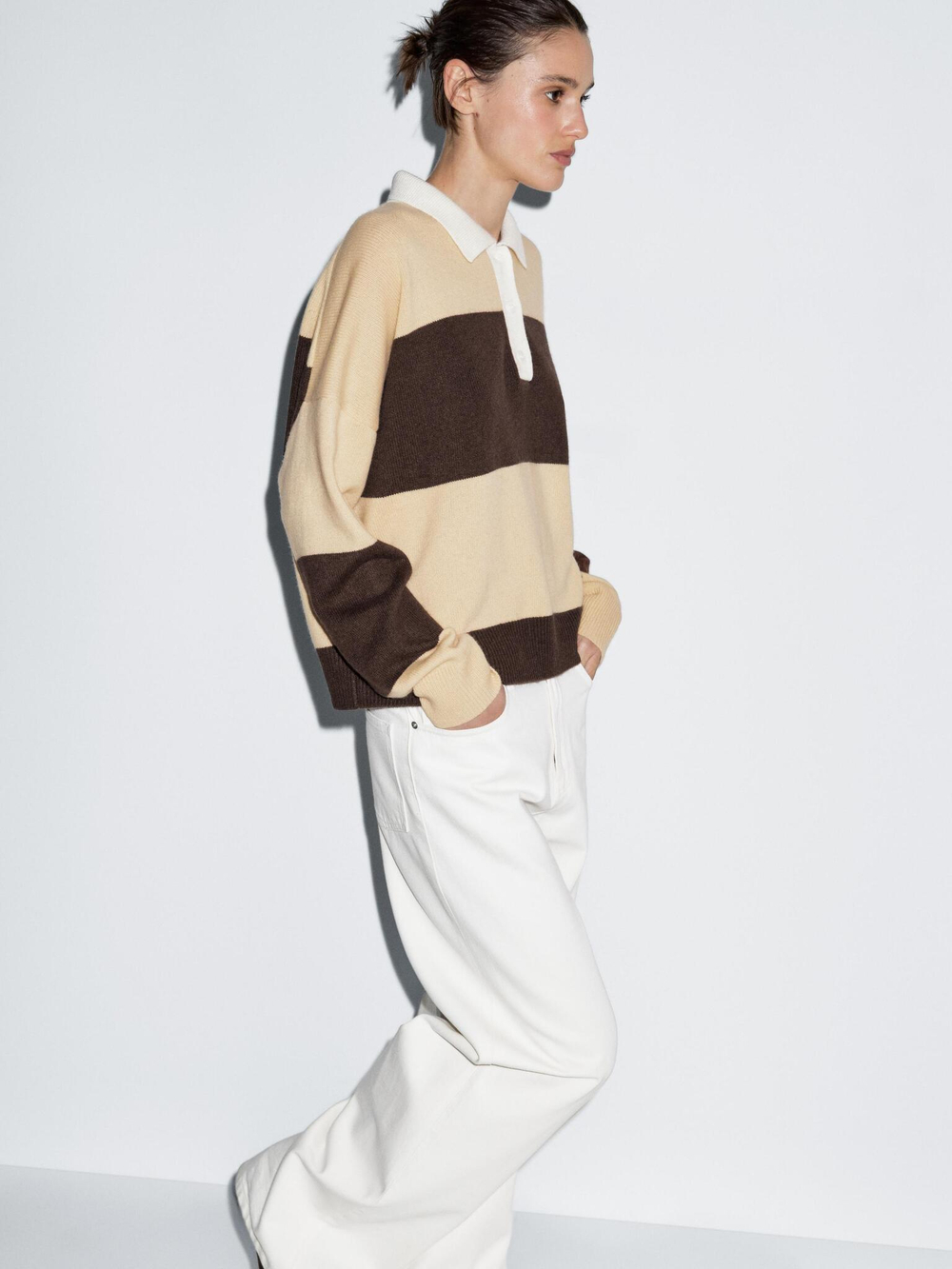 Massimo Dutti Свитер поло из смесовой шерсти в полоску, ванильный