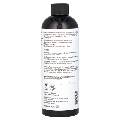 Pura D'or, органическое абрикосовое масло, 473 мл (16 жидк. унций)