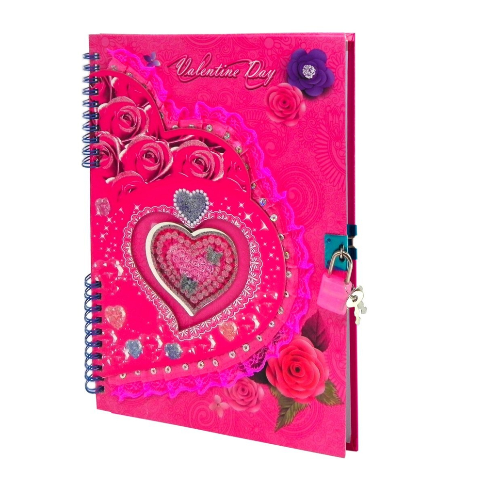 Блокнот 18,5 см * 27 см, гребень, Alingar, ламинация, глиттер, тиснение, замочек, 55 л., "Яркие цветы", розовый