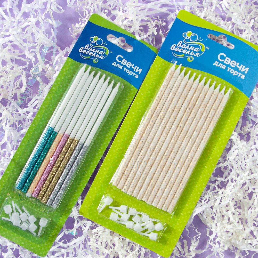 Свечи Яркий глиттер, Ассорти, с блестками, 0,55*14,5 см, 8 шт. с держат.