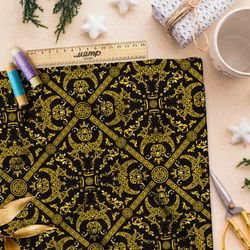 Ткань атлас богатый самурайский узор на чёрном фоне