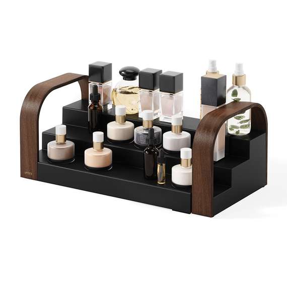 Полка для специй трехъярусная раздвижная bellwood, черная/орех