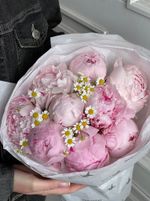 Букет 9шт розовых пионов с ромашками