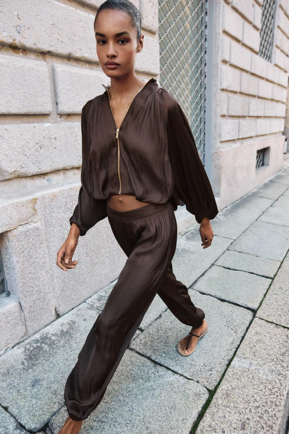 ZARA САТИНОВЫЙ БОМБЕР GLOBO, КОРИЧНЕВЫЙ