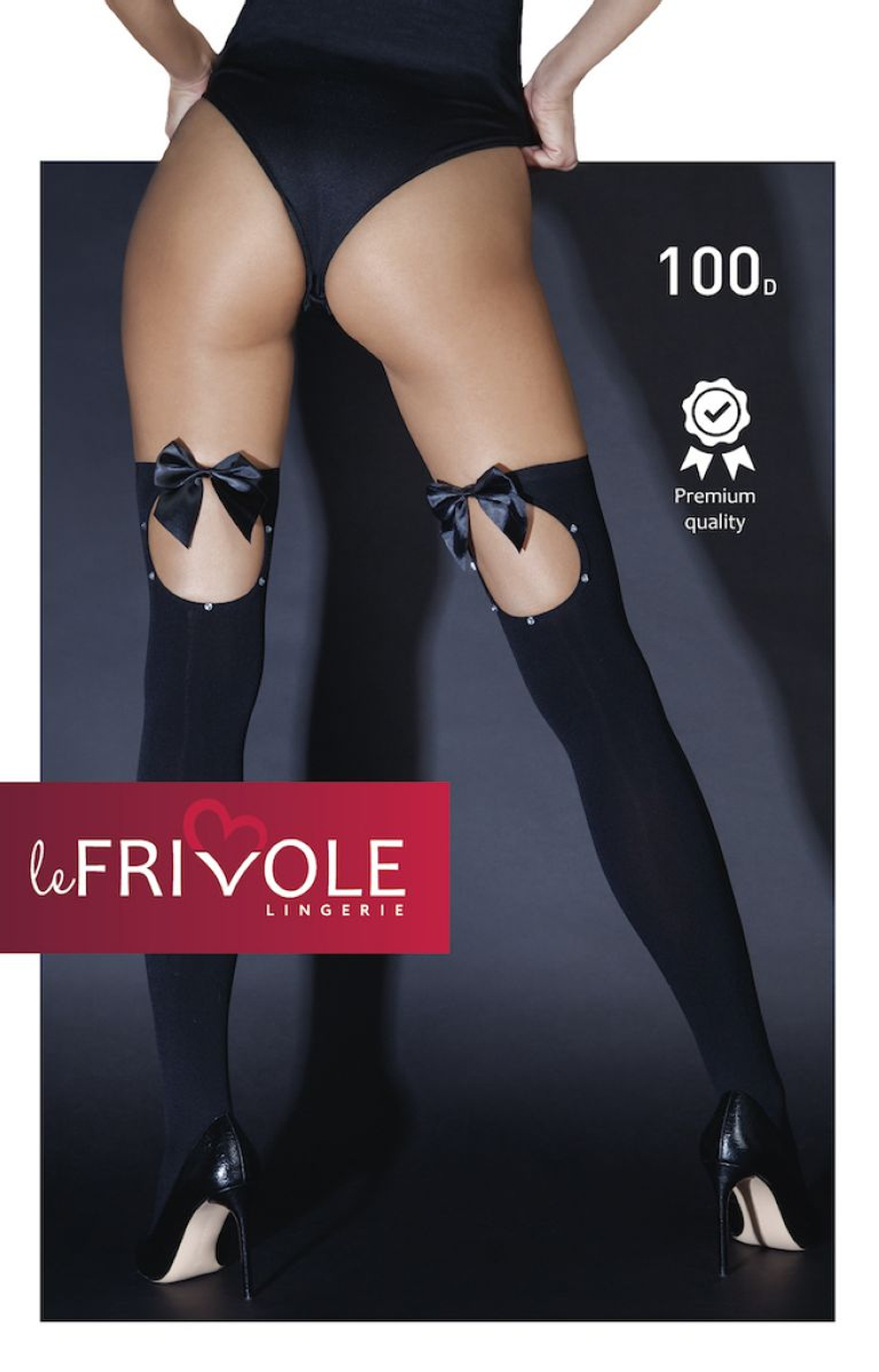 Чулки Le Frivole с бантиками и стразами сзади черные S/M