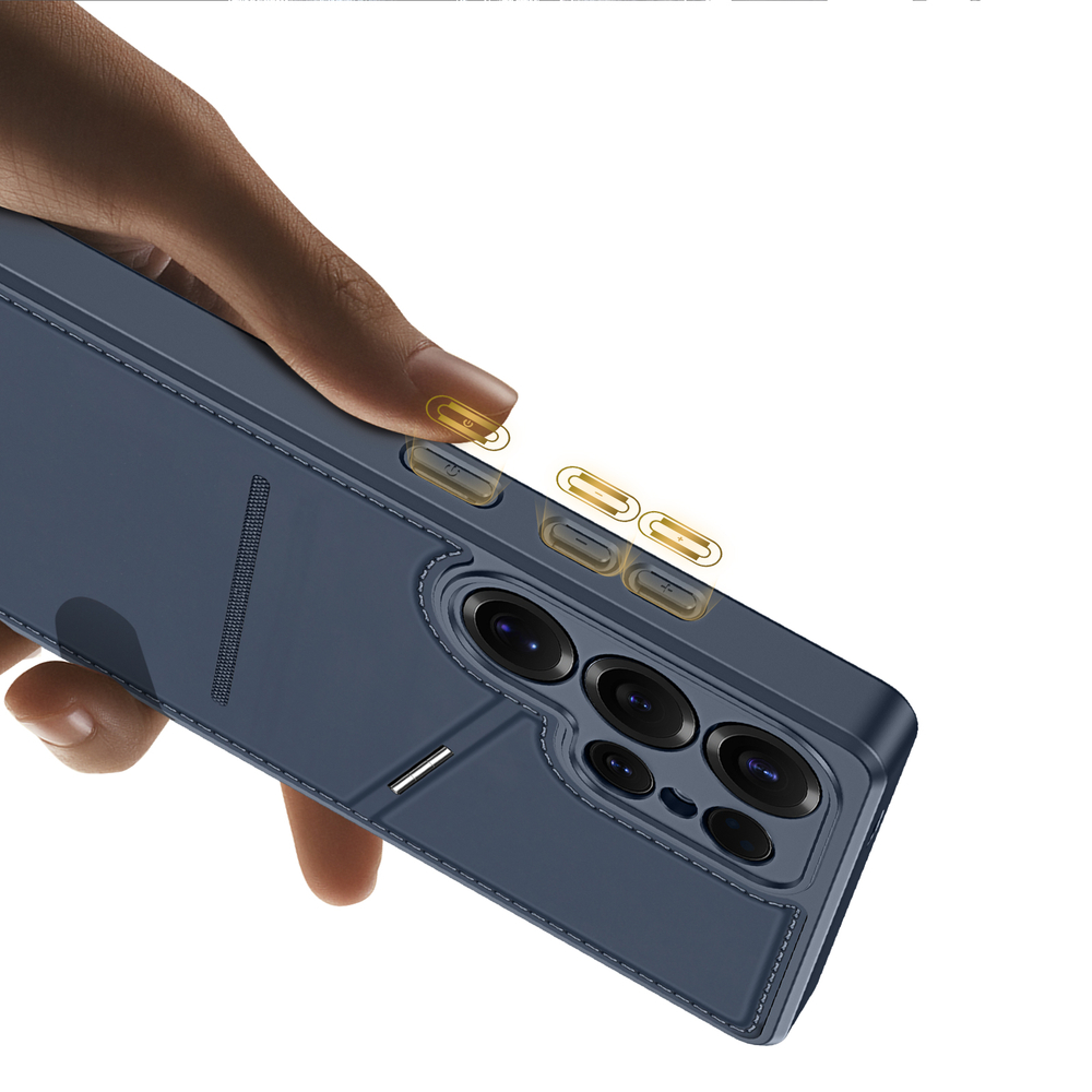 Чехол синего цвета с MagSafe и подставкой-картхолдером от Dux Ducis для Samsung Galaxy S25 Ultra, серия Rafi II Mag Series