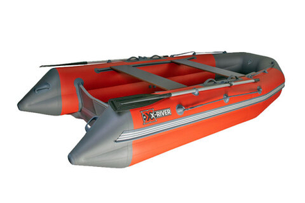 Лодка ПВХ X-River Mark 370 НДНД тримаран(усиленное дно и баллоны,нескользящее покрытие палубы,увелич.транец) красно-серый/фурнитура серая, дно серое