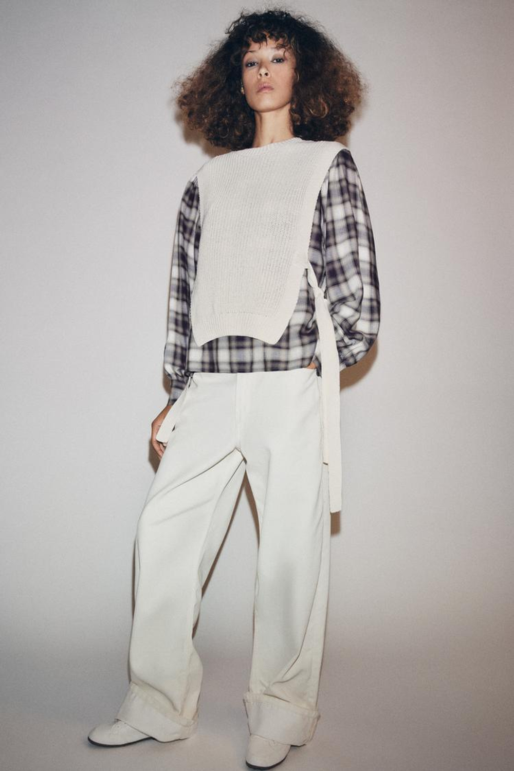 ZARA КОМБИНИРОВАННАЯ РУБАШКА В КЛЕТКУ С ЖИЛЕТОМ, ЭКРЮ