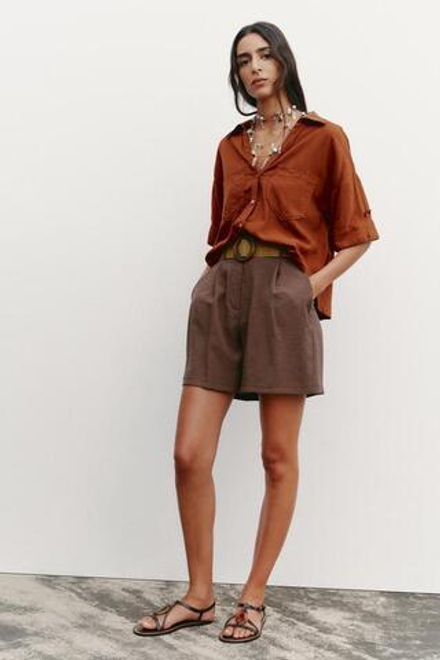 ZARA ШОРТЫ С РЕМНЕМ И ЗАЩИПАМИ, КОРИЧНЕВЫЙ